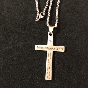 Philippians 4:13 Silver Cross Pendant Necklace - Inspirational Jewelry for Men
